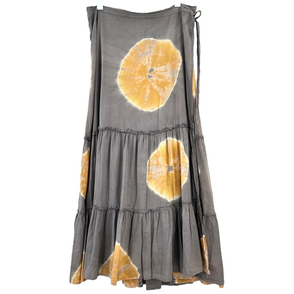 Matta Gray Yellow Orange Tie Dye Cotton Tiered Wrap Midi Maxi Skirt sz XL - Picture 1 of 8